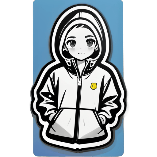 A simple line drawing girl in a windbreaker, black and white sticker