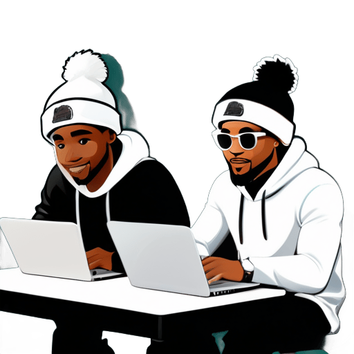 un gars blanc et un gars noir assis sur une table avec des ordinateurs portables en train de travailler, tous deux portant des bonnets sticker
