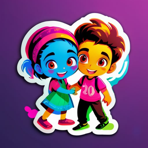 一个女孩和一个男孩同岁，都是23岁，他们正在一起玩Holi节。 sticker