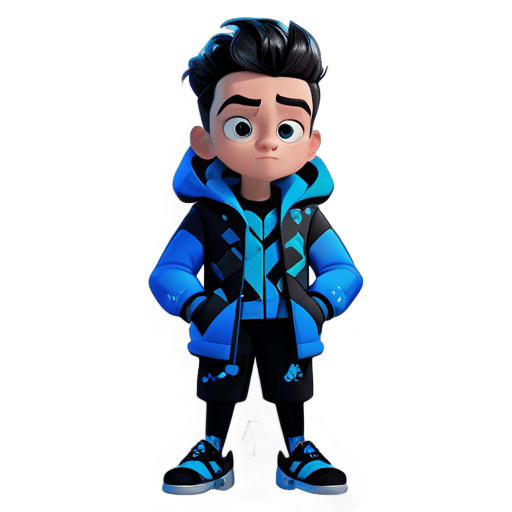 カートゥーンの少年、青い模様のコート、黒いメッシュの下着、黒いパンツと靴、カートゥーンキャラクター、3Dレンダリング、アーノルドレンダリング、透明な背景 sticker