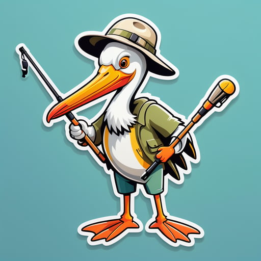 Uma pelicano com um chapéu de pescador na mão esquerda e uma vara de pesca na mão direita sticker