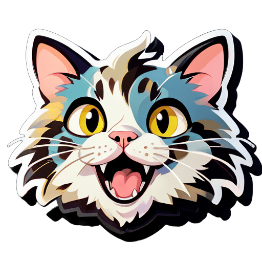 A mottled cat, with wide eyes full of surprise, slightly open mouth, raised fur, curiously staring at something. sticker