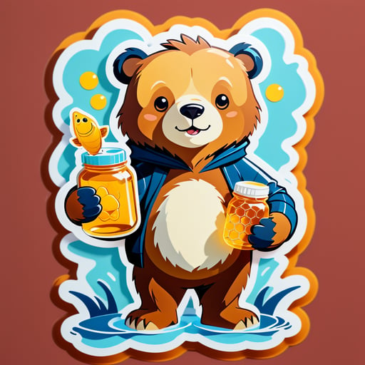 왼손에 물고기를 든 곰이 오른손에 꿀 포트를 들고 있는 모습 sticker
