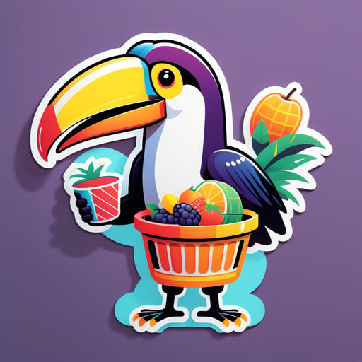 Un toucan avec un panier de fruits dans sa main gauche et un presse-agrumes dans sa main droite sticker