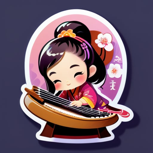 헤드샷 생성: 중국 고전적인 분위기에서 작은 소녀가 거문고를 연주하며, 배경에 낙화자를 추가합니다 sticker