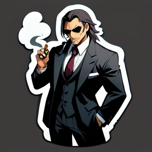 Leon dibujado version anime de mafia super fuerte, vestido con traje, fumandose un cigarro sticker