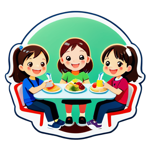 Grundschulkinder, die glücklich zusammen sitzen und Mittagessen essen sticker