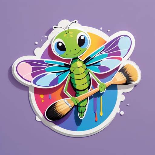 Una libélula con una paleta de pintura en su mano izquierda y un pincel en su mano derecha sticker