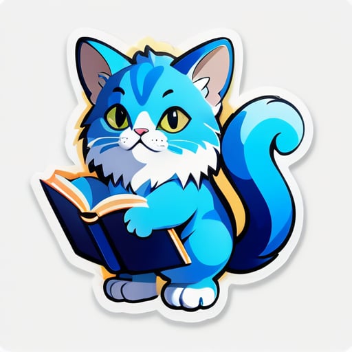 青いトーンで描かれた猫座のキャラクターは、雲に似た毛皮を持っています。後ろ足で立ち、本を掌に持っています。これはその知性を象徴しています。ステッカー自体は攻撃的に見えます。 sticker