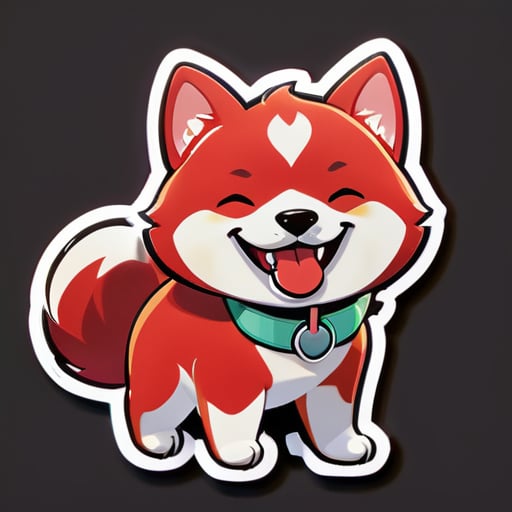 Một chú chó Shiba Inu màu đỏ dễ thương trong phong cách hoạt hình, mỉm cười, lè lưỡi, đeo một chiếc bảng tên, nội dung trên bảng tên là "Mười bảy" sticker