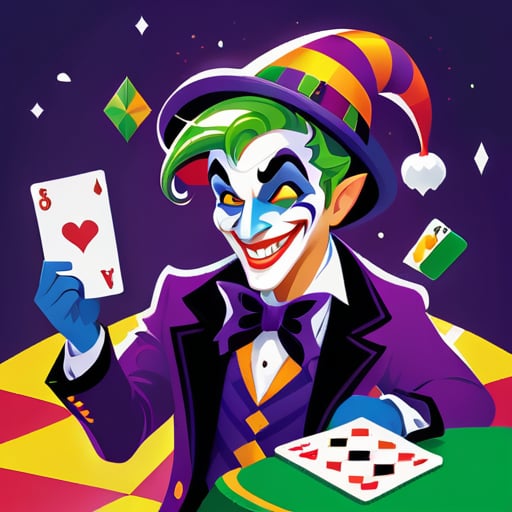 Ein schelmischer Joker-Charakter mit einem verschmitzten Grinsen und lebhafter Kleidung, bereit, seine Karten im Spiel des Lebens auszuspielen. Mit einem bunten Narrenhut, verziert mit Glöckchen, und einem auffälligen Gesichtsbemalungsdesign strahlen sie eine Aura von Verspieltheit und Unberechenbarkeit aus. Mit einer Hand, die ein Kartenspiel hält, und der anderen selbstbewusst gestikulierend, laden sie die Spieler ein, sich an ihrem kühnen Spiel zu beteiligen. Der Hintergrund zeigt sticker