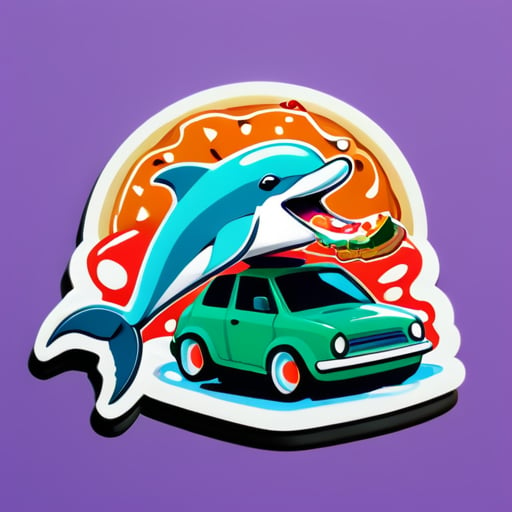 Un dauphin mangeant une pizza en conduisant une voiture sticker