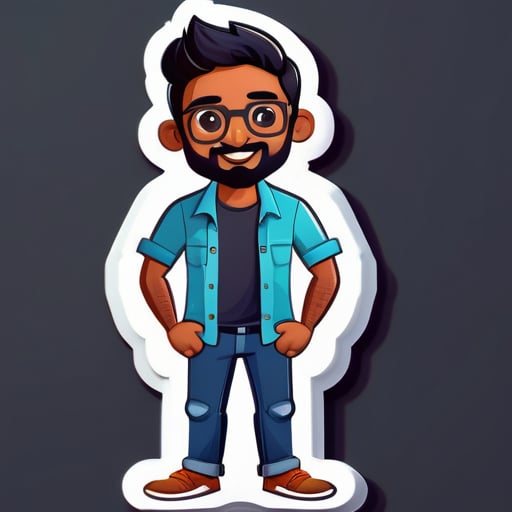 một chàng trai Ấn Độ có râu nhỏ và đeo kính hình chữ nhật, mặc áo sơ mi và quần jean sticker