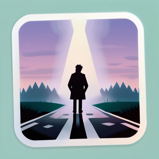 A person standing at a misty crossroads, looking confused, with an unclear path ahead sticker