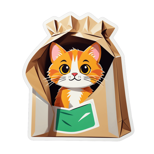 Curioso gato en bolsa: mirando desde la bolsa de papel, explorando los alrededores. sticker