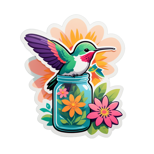 Un colibrí con una flor en su mano izquierda y un frasco de néctar en su mano derecha sticker