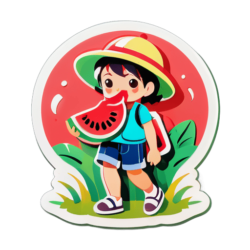 夏天 吃西瓜 吹風扇 在田野間 散步乘涼的小孩 sticker
