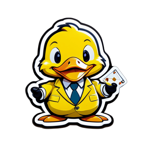 Sticker of a cute cartoon yellow duck wearing a business suit and playing gambling , Sticker, Adorable, Muted Color, kinetic art style, Contour, Vector, White Background, Detailed sticker
