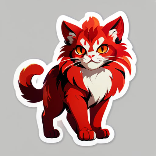 一隻貓-白羊座被描繪成紅色調，眼睛如火，毛皮像火焰一般。它站在後腿上，準備戰鬥，看起來非常自信。 sticker