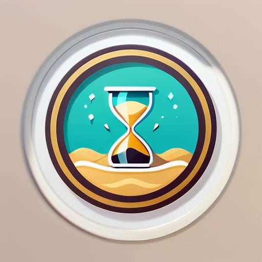 Un icono circular con una representación simplificada de un reloj de arena en su interior, con los granos de arena fluyendo hacia una forma de flecha, simbolizando el rápido paso del tiempo y la eficiencia. sticker