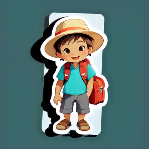 Un niño pequeño con un sombrero y ropa de viaje está listo para viajar sticker