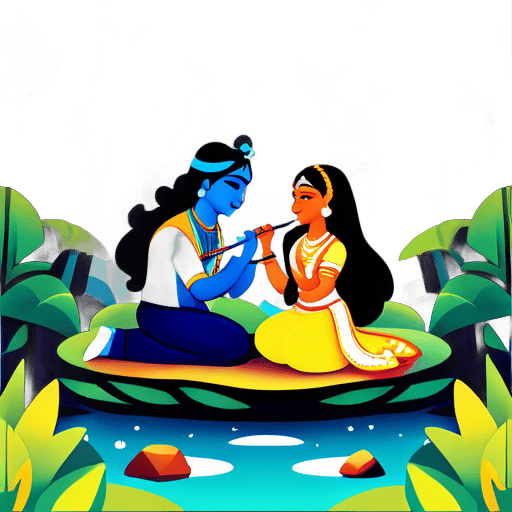 **Prompt: ** Crie uma obra de arte digital retratando o Senhor Krishna e Radha em um cenário de floresta serena com rochas em primeiro plano. A cena deve evocar uma sensação de tranquilidade e beleza natural, com a floresta servindo como pano de fundo. 1. **Personagens:** - O Senhor Krishna e Radha devem ser o foco central da obra de arte. - Krishna deve ser retratado com sua icônica flauta. sticker