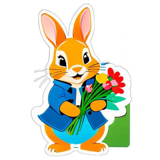 Peter rabbit đang cầm một bó hoa sticker