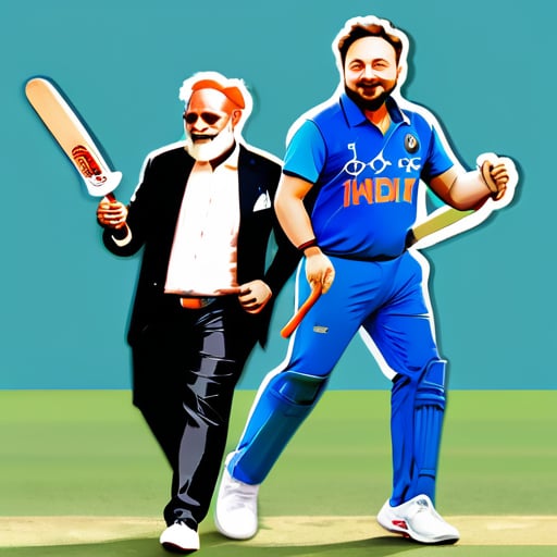 Elon Musk jugando al cricket con el Rey Kohli y Modi Ji sticker