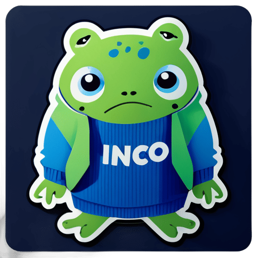 A green frog with exhausted face wearing blue sweater and "INCO" written on it sticker