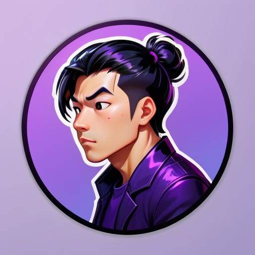 Hair: Black, shiny, slightly long but not past the neck. Ethnicity: Asian, leaning towards East Asian, fair skin. Expression: Contemplating a tricky bug. Occupation: A skilled modern programmer. Background: Gradient purple, circular. Gender: Male sticker