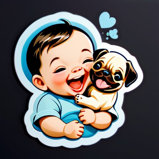 Laughing baby holding a pug puppy
 sticker