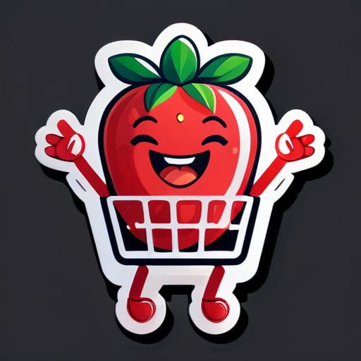 Eine Erdbeere mit erhobenen Händen, die fröhlich auf einem Einkaufswagen lacht sticker