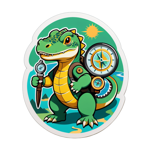 Un dragón de Komodo con una brújula de explorador en su mano izquierda y un mapa en su mano derecha sticker