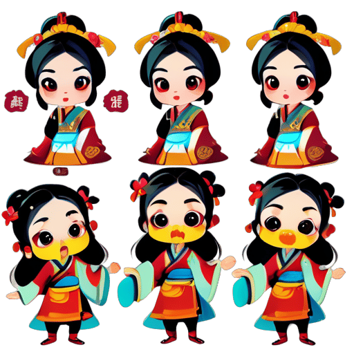cute and humorous chinese ancient girl in a version, with big eyes, stickers, 16 different facial expressions, expression board, various poses and expressions, anthropomorphic style, ancient and classical style, displaying a variety of emotions., in clothes
