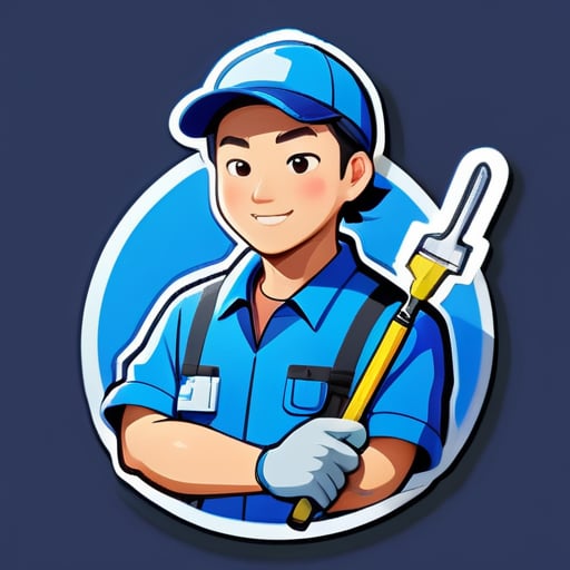 파란색 작업복을 입은 중국인 수리공 이미지, 상반신만 나옴, 손에는 도구를 들고 있음 sticker