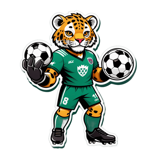 A jaguar with a soccer ball in its left hand and a goalie glove in its right hand sticker