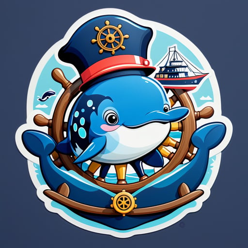 Uma baleia com um chapéu de capitão do mar em sua mão esquerda e um leme de navio em sua mão direita sticker