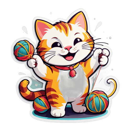 Mèo vui vẻ đang chơi với sợi len sticker