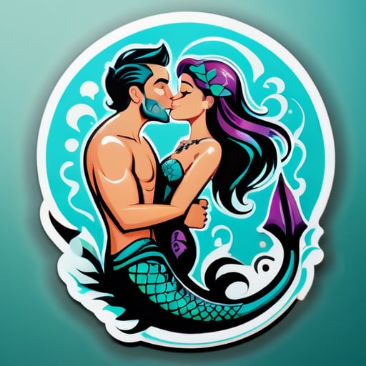 man with sea trident tattoo on his stomach kissing a mermaid
 sticker