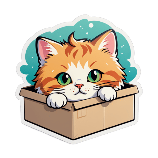 Traurige Katze kuschelt sich in eine Schachtel sticker