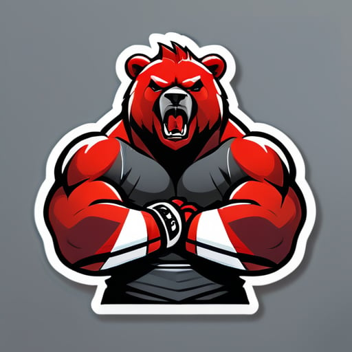 Create a logo featuring a muscular and robust bear with a fierce and intimidating expression. The bear should be standing with its arms crossed over its chest, wearing MMA gloves. The gloves must be red or black with white accents. The bear should have furrowed brows, piercing eyes, and slightly bared teeth, conveying a look of anger. The illustration style should be realistic cartoon, with strong sticker