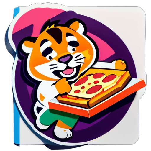 make a post of tiger eating pizza and pizza box is in front of tiger sticker