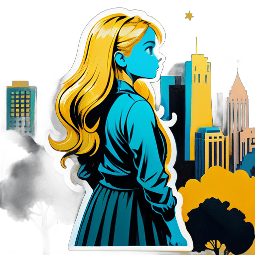a girl with golden hair  on a tree looking at the city sticker