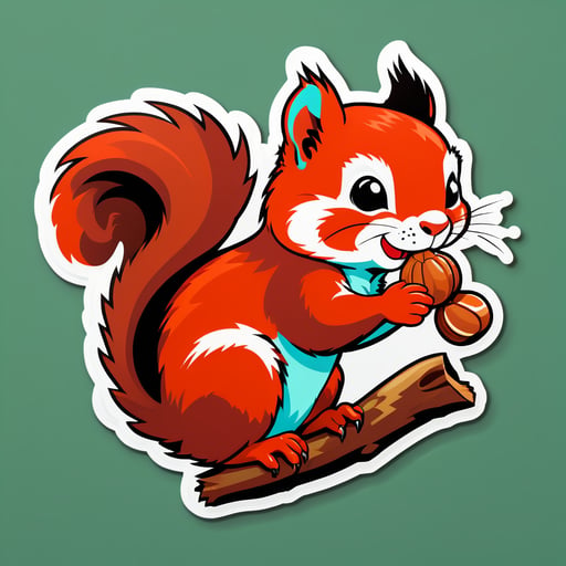Ardilla roja comiendo nueces en una rama sticker
