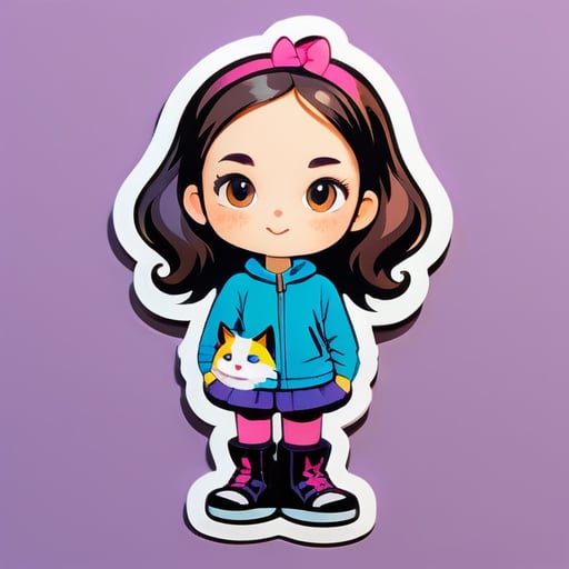 a girl in front of a cat sticker