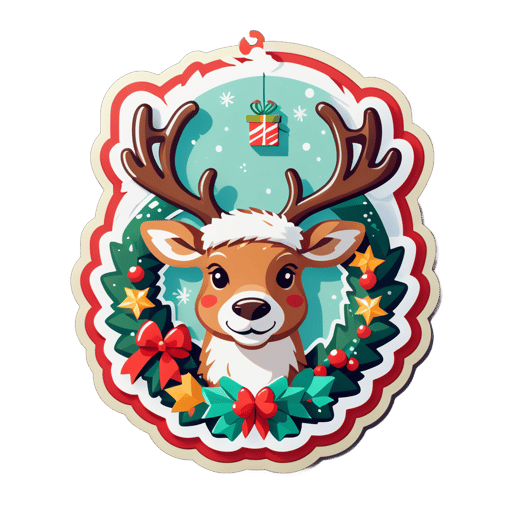 Un renne avec une couronne de Noël dans sa main gauche et une boîte cadeau dans sa main droite sticker