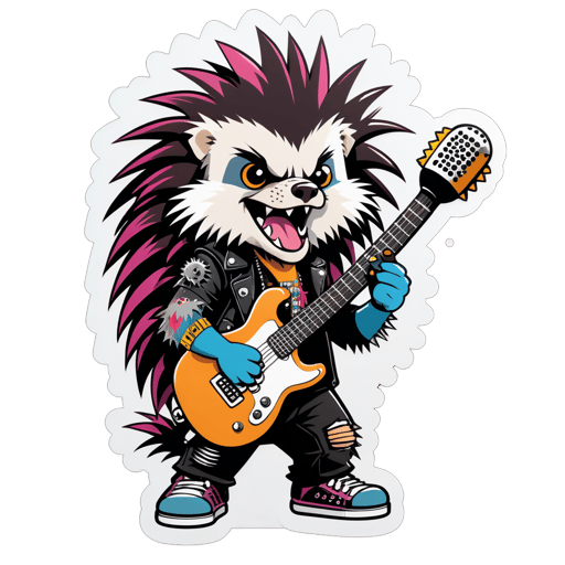 A porcupine with a punk rock guitar in its left hand and a microphone in its right hand sticker