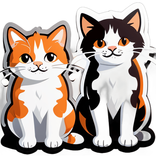 sticker of three cats: one white with brown and gray spots, one orange and white, and another stray brown and gray sticker