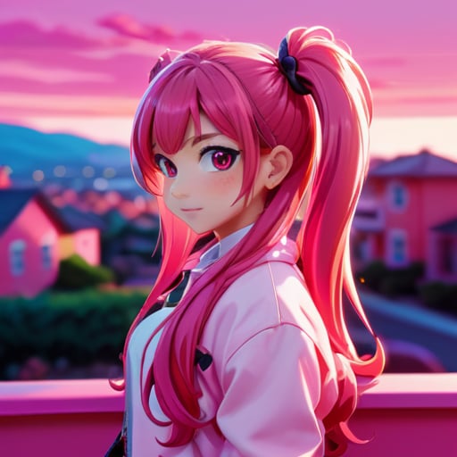 vibrant colors, female, masterpiece, sharp focus, best quality, depth of field, cinematic lighting, long hair, pink hair, twin tail, pink eyes, pink outfit, landscape, sunset, pink sky, town sticker