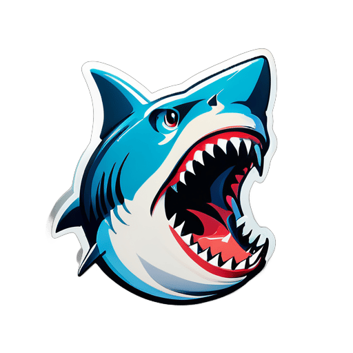 鲨鱼，纯正面，简约风格 。张嘴，牙齿锋利，美式复古。logo设计 sticker